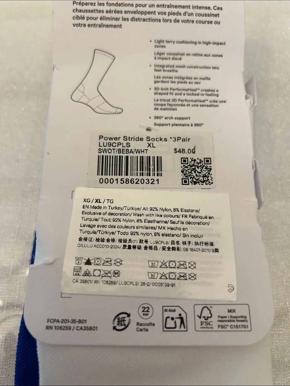 Lululemon Power Stride Crew Socks - Pink (Unisex) Xl new with tag 3 pair